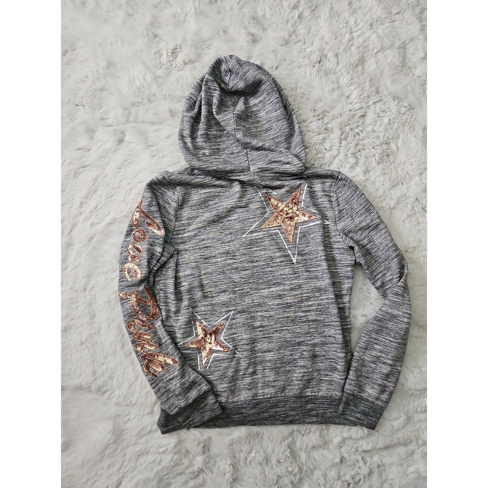 PINK Victoria's Secret Gray Marled Sequin Star Zip Up Hoodie Jacket Women's Size